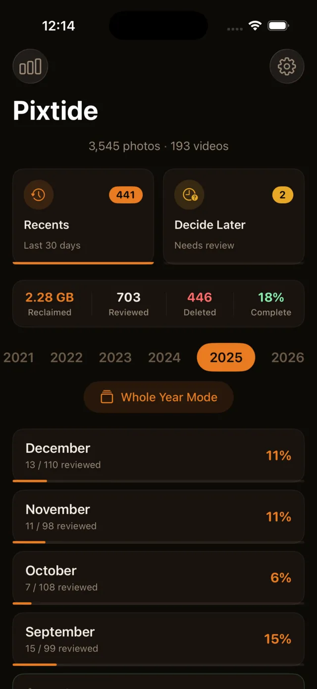 Home screen showing photo library overview with monthly breakdown