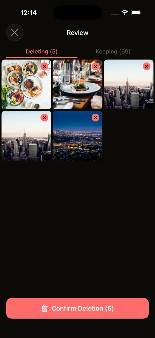 Review screen showing photos marked for deletion