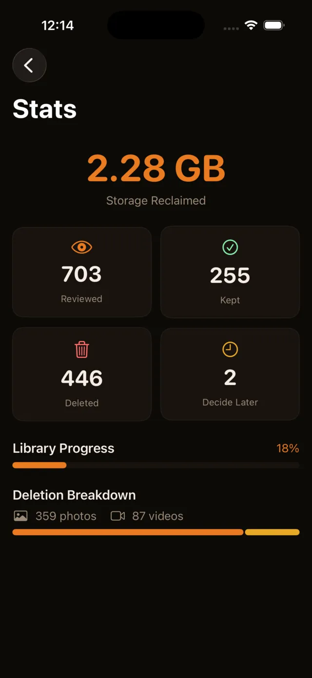 Statistics view with cleanup progress
